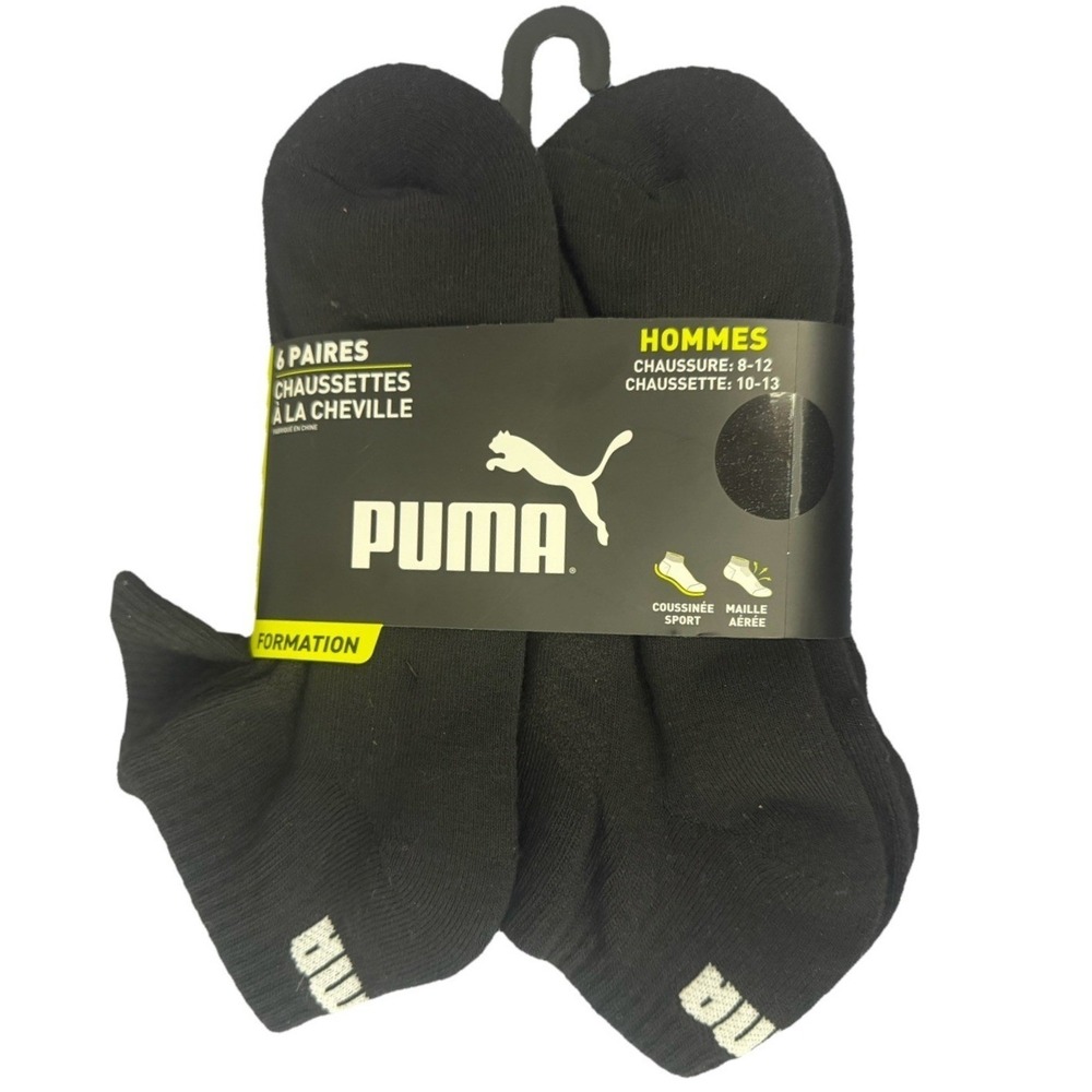 Puma Men's Training Cushioned Black Socks 6 Pairs Quarter‎ Crew Size 10-13 New